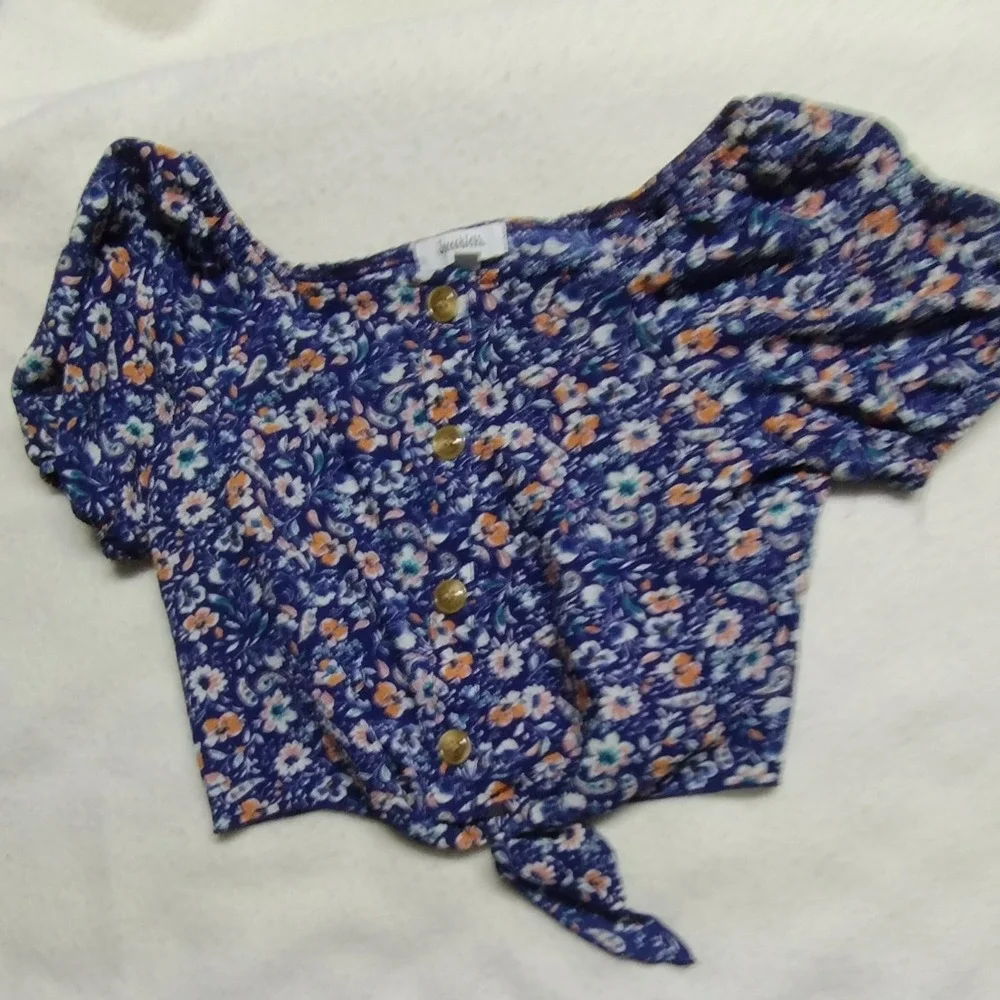 Speechless Girls 2pc‎ Blue Floral Matching Skirt Set Puff Sleeve Top Size12